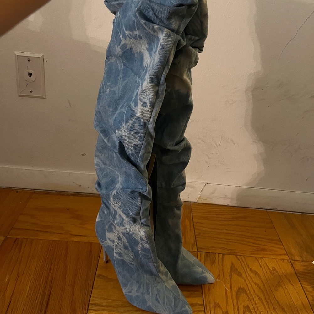 Denim thigh high boots